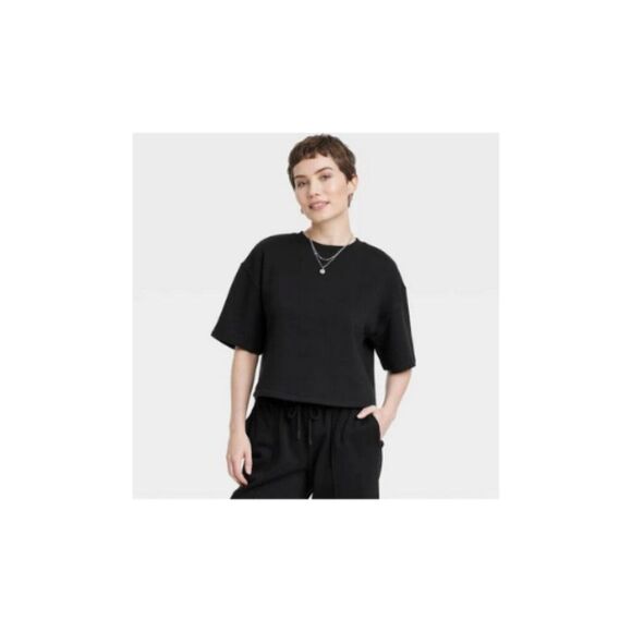 Women's Leisure Studio Short Sleeve Fleece Top - Universal Thread Black XXL - Picture 1 of 4